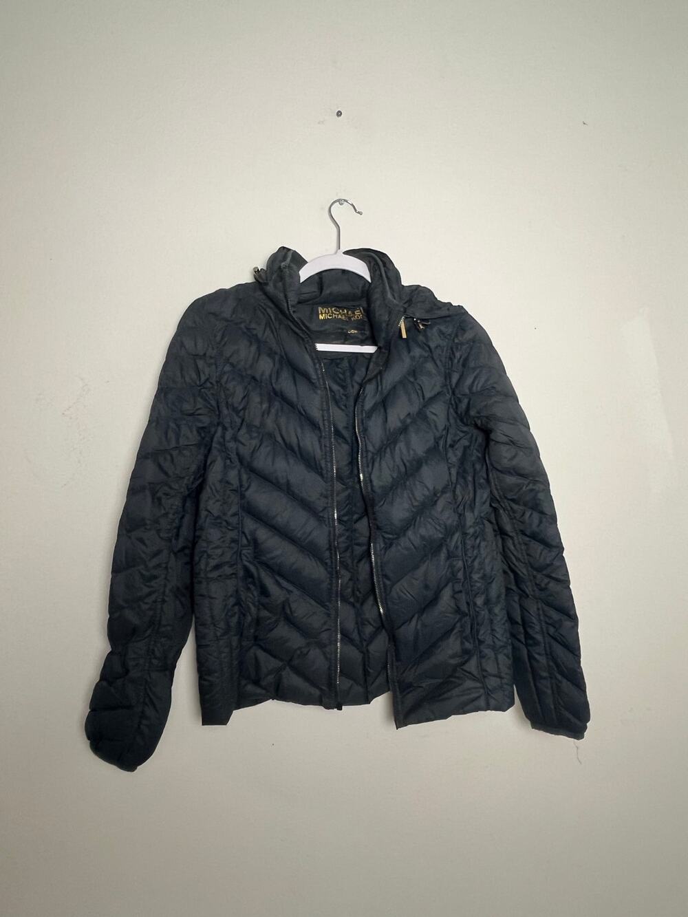 Michael Kors Packable Down Puffer Jacket Black Hooded Gold Small